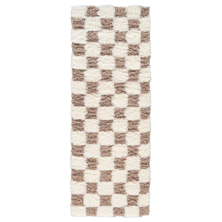 Urban Runner - Shaggy Modern Plush Pile - Cream and Brown Checkered - 80cm x 220cm