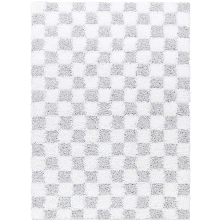 Urban Rug - Shaggy Modern Plush Pile - Light Grey Checkered - Sizes Available