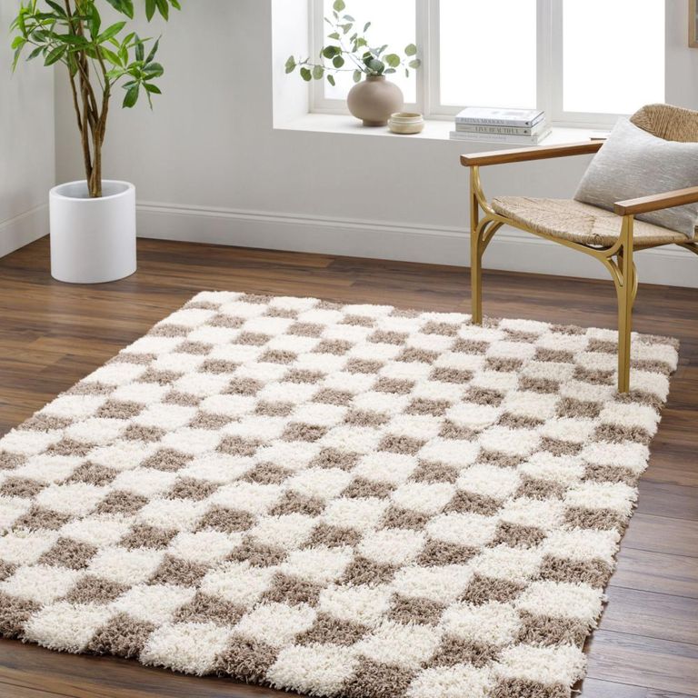Urban Rug - Modern Shaggy - Cream and Brown Checkered - Sizes Available