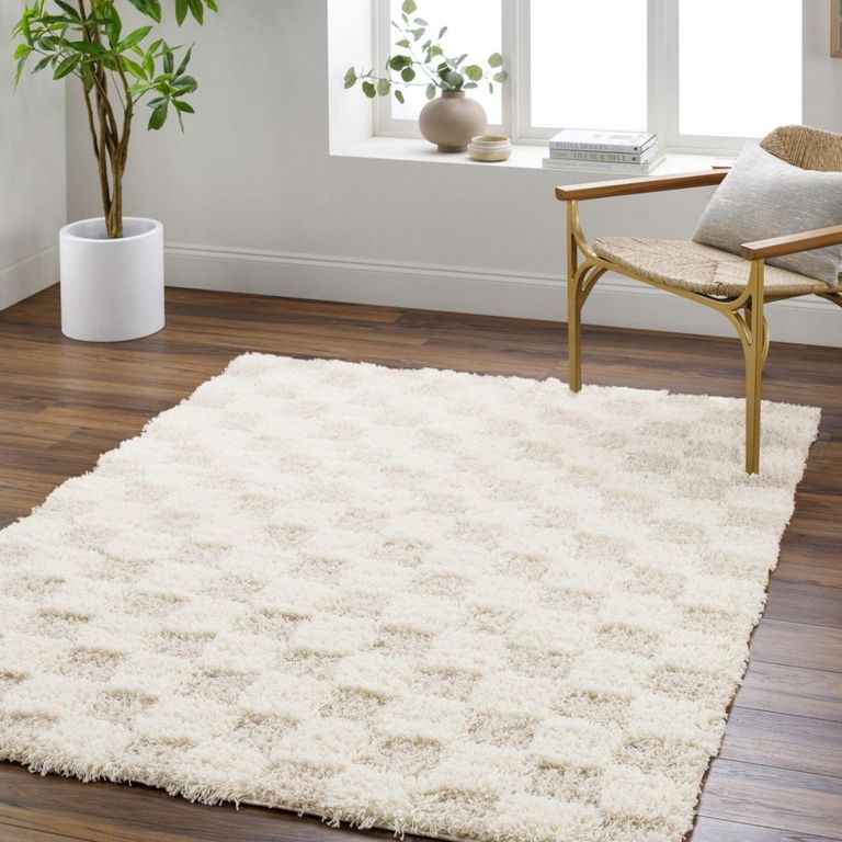 Urban Rug - Shaggy Modern Plush Pile - Beige Checkered - Sizes Available