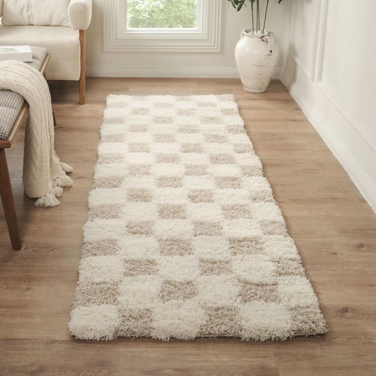 Urban Runner - Shaggy Modern Plush Pile - Beige Checkered - 80cm x 220cm