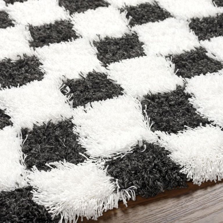 Urban Rug - Shaggy Modern Plush Pile - Black & White Checkered - Sizes Available