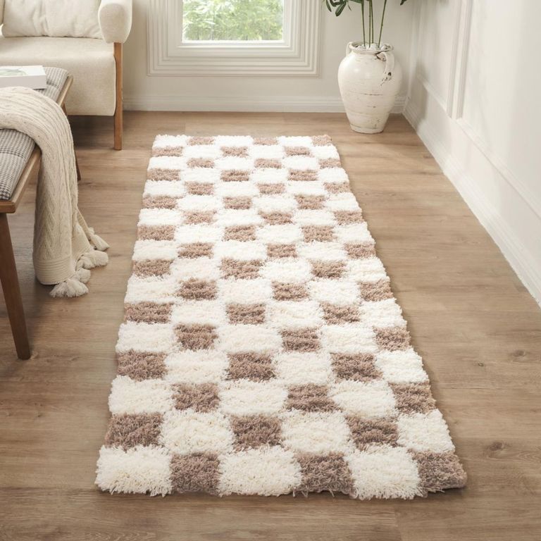 Urban Runner - Shaggy Modern Plush Pile - Cream and Brown Checkered - 80cm x 220cm