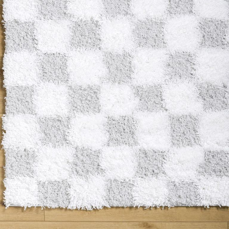 Urban Rug - Shaggy Modern Plush Pile - Light Grey Checkered - Sizes Available