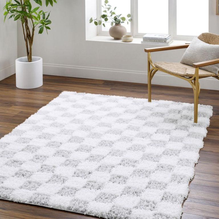 Urban Rug - Shaggy Modern Plush Pile - Light Grey Checkered - Sizes Available