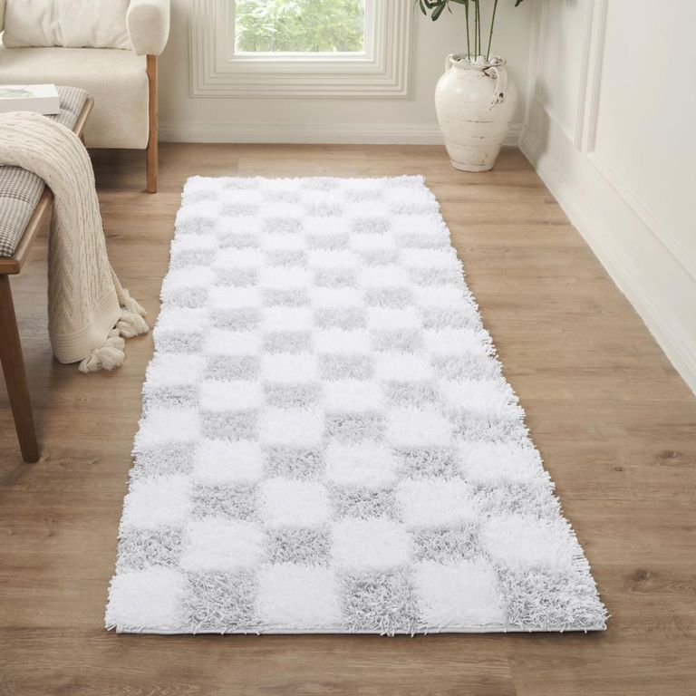 Urban Runner - Shaggy Modern Plush Pile - Light Grey Checkered - 80cm x 220cm