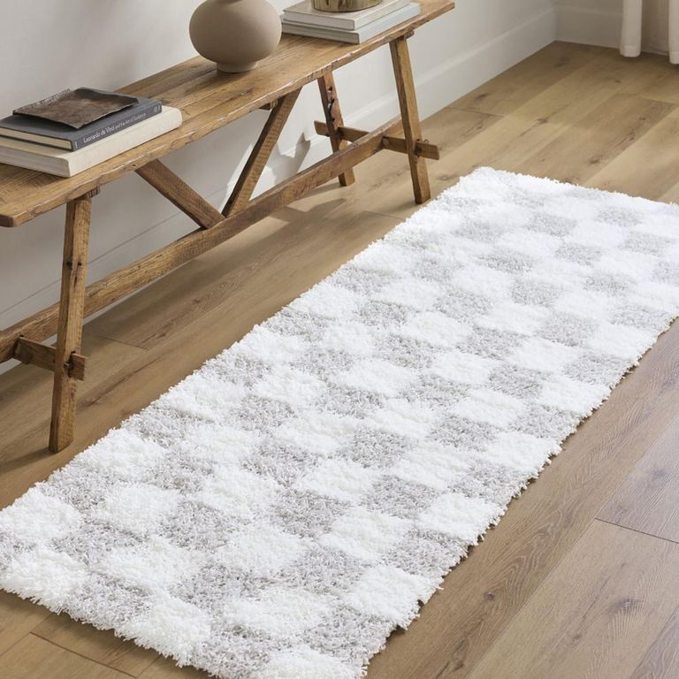 Urban Runner - Shaggy Modern Plush Pile - Light Grey Checkered - 80cm x 220cm