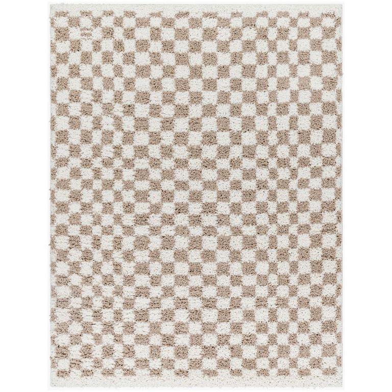 Birmingham Rug - Modern Shaggy Checkered - BMM2322 - Ivory & Tan - Sizes Available