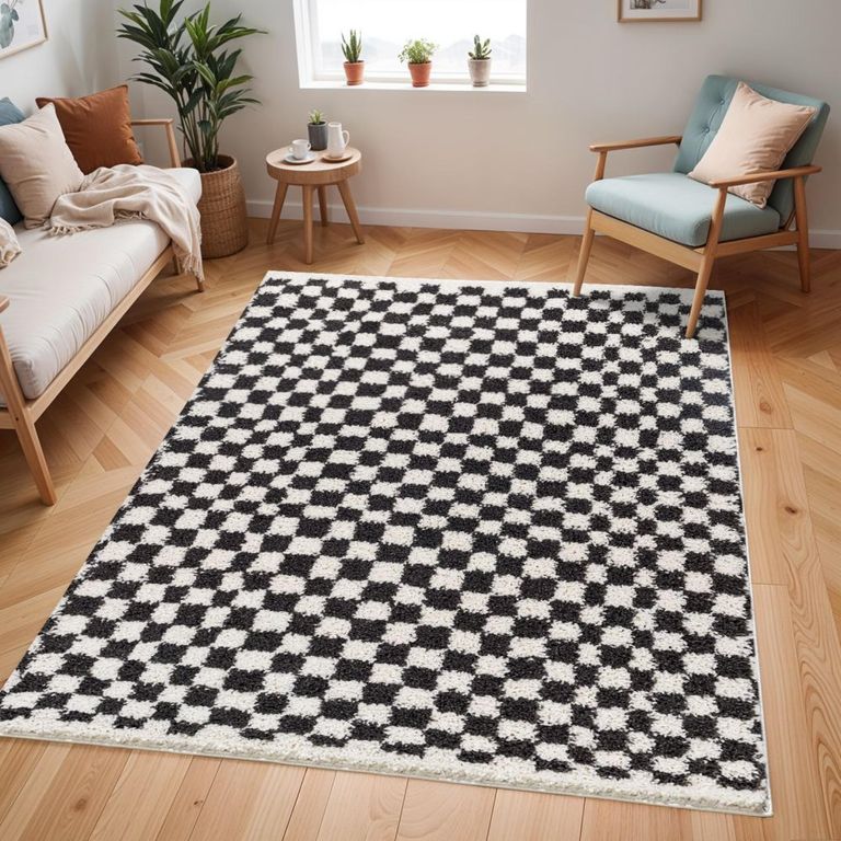 Birmingham Rug - Modern Shaggy Checkered - Ivory & Black - Sizes Available