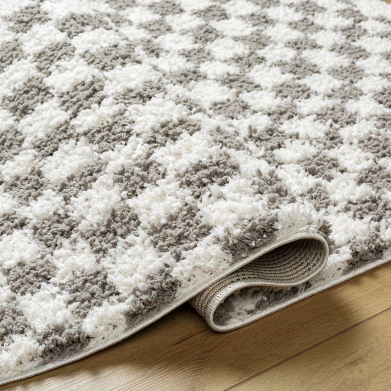 Birmingham Rug - Modern Shaggy Checkered - Ivory & Grey - Sizes Available