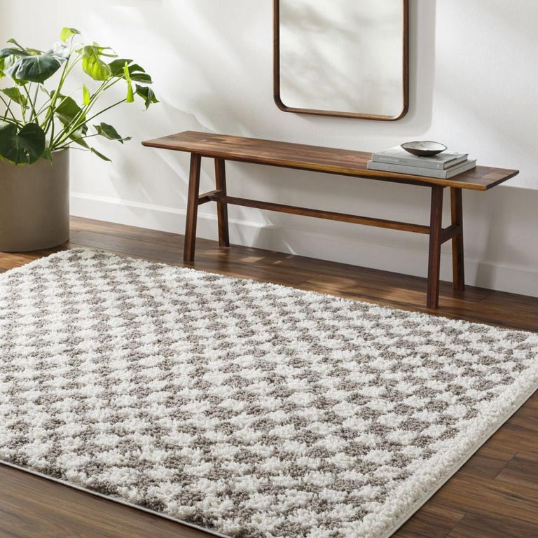 Birmingham Rug - Modern Shaggy Checkered - Ivory & Grey - Sizes Available