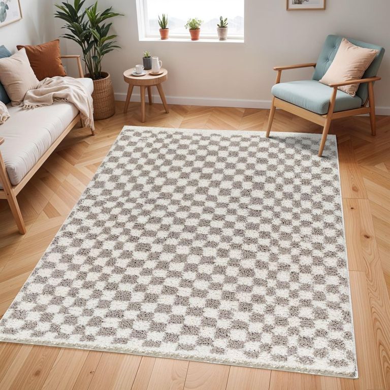 Birmingham Rug - Modern Shaggy Checkered - Ivory & Grey - Sizes Available