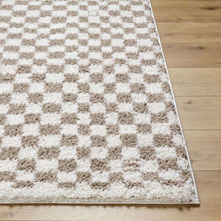 Birmingham Rug - Modern Shaggy Checkered - BMM2322 - Ivory & Tan - Sizes Available