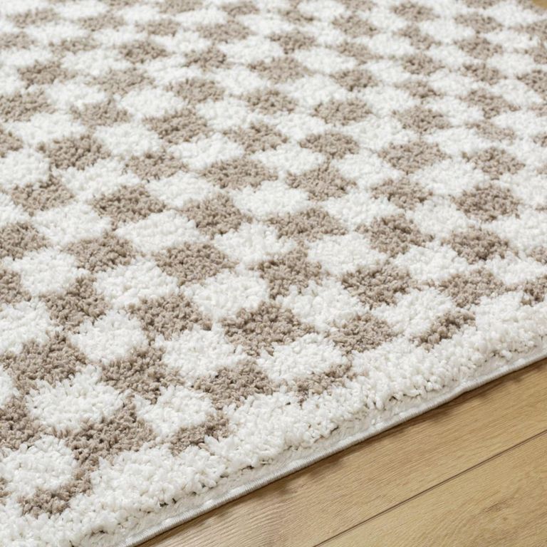 Birmingham Rug - Modern Shaggy Checkered - BMM2322 - Ivory & Tan - Sizes Available