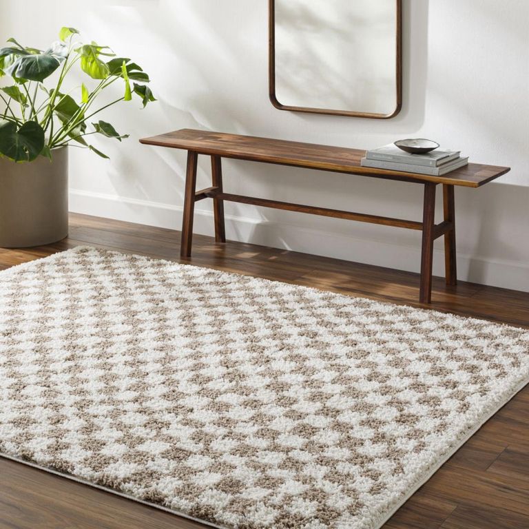 Birmingham Rug - Modern Shaggy Checkered - BMM2322 - Ivory & Tan - Sizes Available