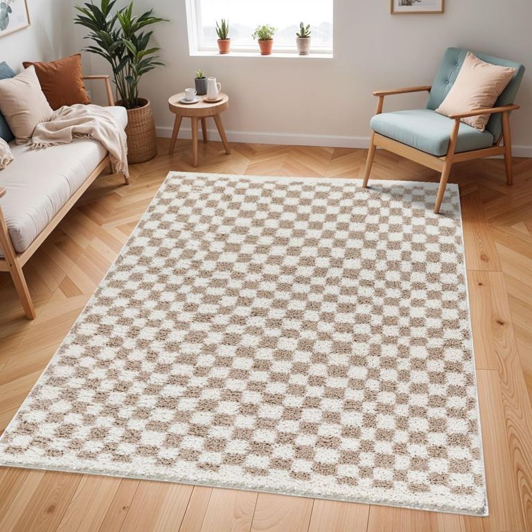 Birmingham Rug - Modern Shaggy Checkered - BMM2322 - Ivory & Tan - Sizes Available