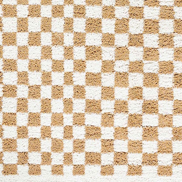 Birmingham Rug - Modern Shaggy Checkered - BMM2323 - Ivory & Tan - Sizes Available