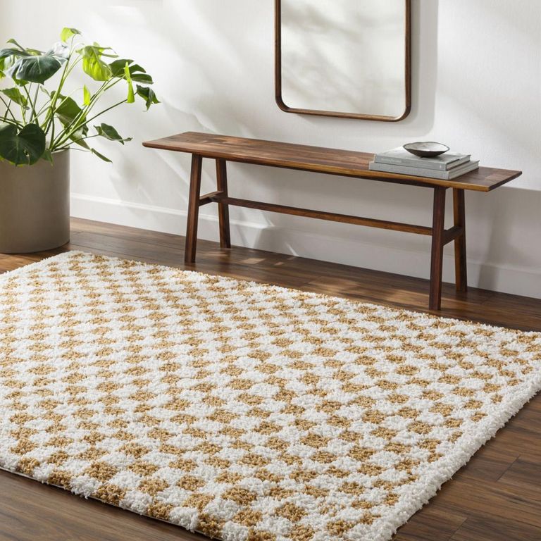 Birmingham Rug - Modern Shaggy Checkered - BMM2323 - Ivory & Tan - Sizes Available