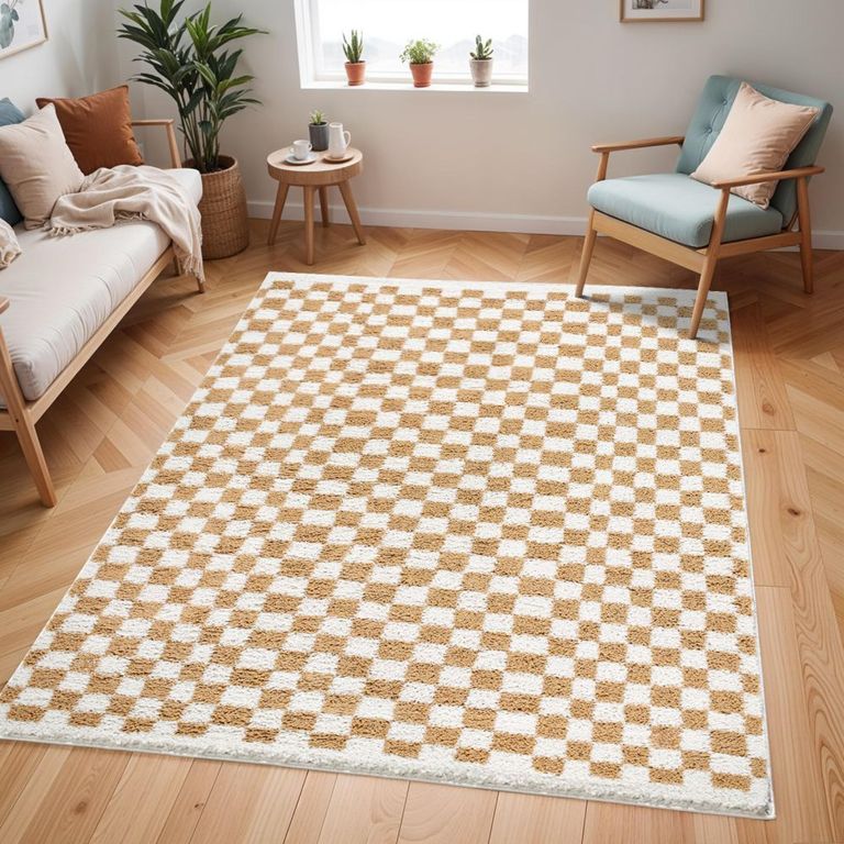 Birmingham Rug - Modern Shaggy Checkered - BMM2323 - Ivory & Tan - Sizes Available