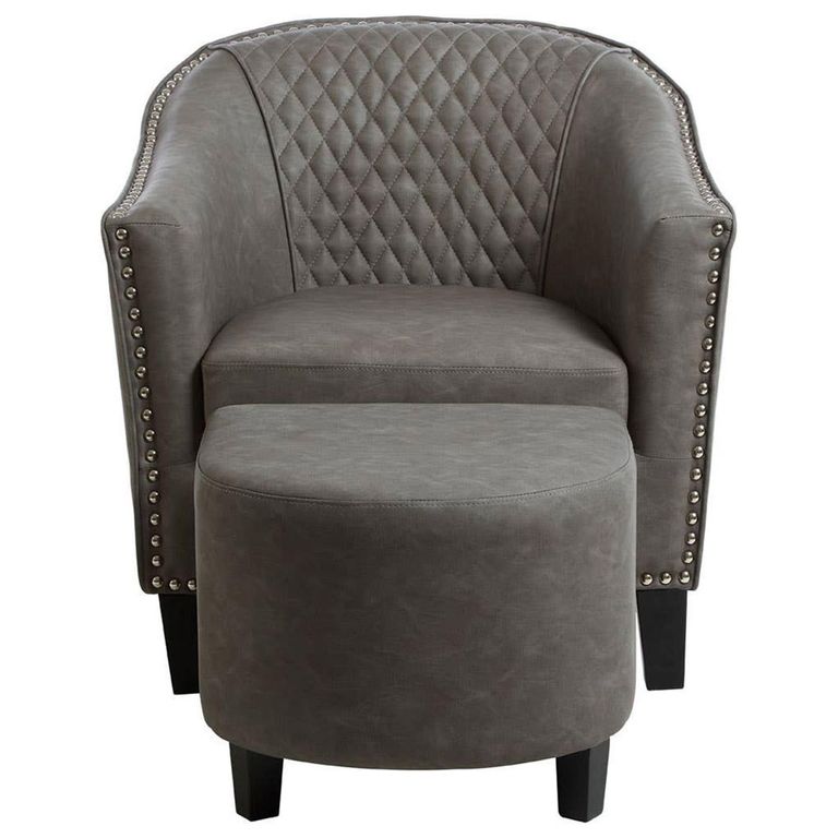 Derby Armchair - Grey Faux Leather with Footstool