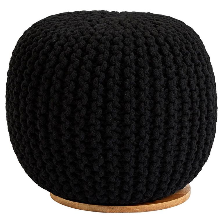 Fusion Pouffe - Mango Wood with Black Woven Round Design