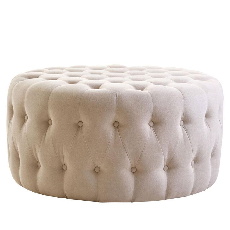 Haley Footstool - Tufted - Round - Beige Velvet Fabric