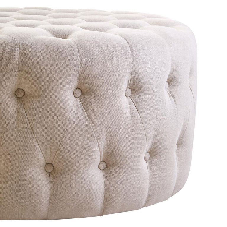 Haley Footstool - Tufted - Round - Beige Velvet Fabric