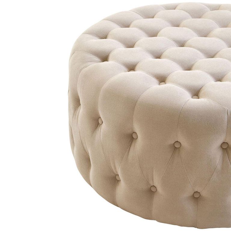 Haley Footstool - Tufted - Round - Beige Velvet Fabric