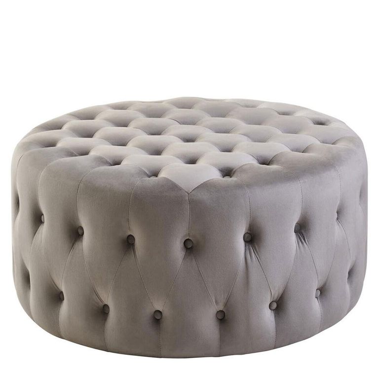 Haley Footstool - Tufted - Round - Grey Velvet Fabric