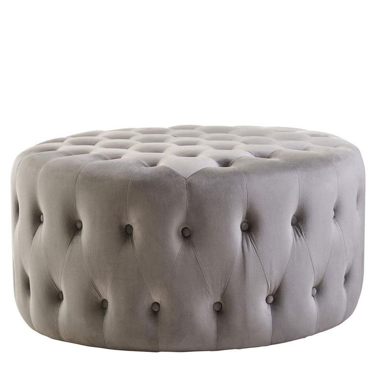 Haley Footstool - Tufted - Round - Grey Velvet Fabric