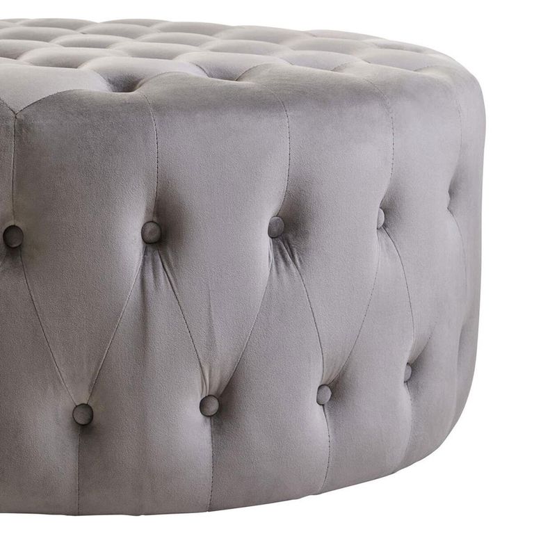 Haley Footstool - Tufted - Round - Grey Velvet Fabric