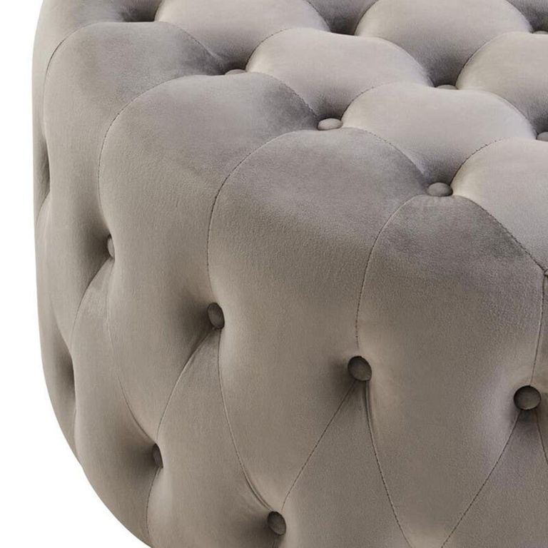 Haley Footstool - Tufted - Round - Grey Velvet Fabric