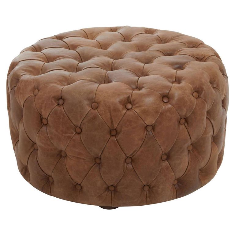 Hoxton Ottoman Stool - Round - Vintage Brown Tufted Leather