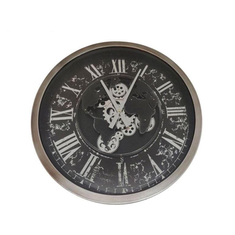 Wall Clock - Round - Industrial Silver and Black Gears