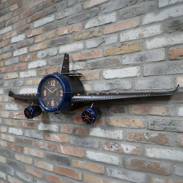 Aeroplane Wall Clock - Industrial Style - Blue & Black Metal