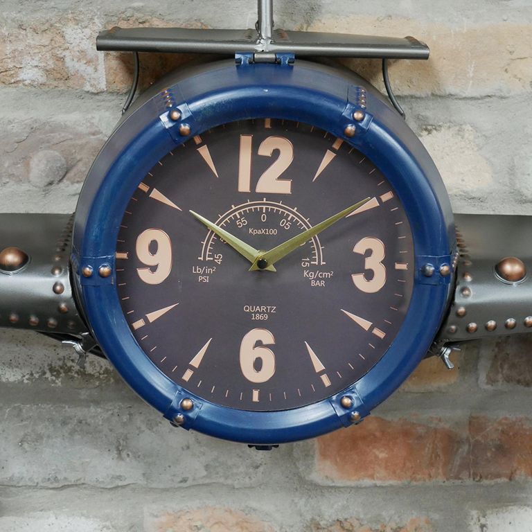 Aeroplane Wall Clock - Industrial Style - Blue & Black Metal