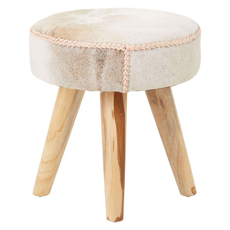 Kendari Footstool - Round - Beige Leather with Teak Wood