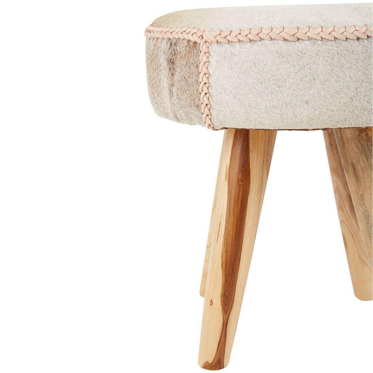 Kendari Footstool - Round - Beige Leather with Teak Wood