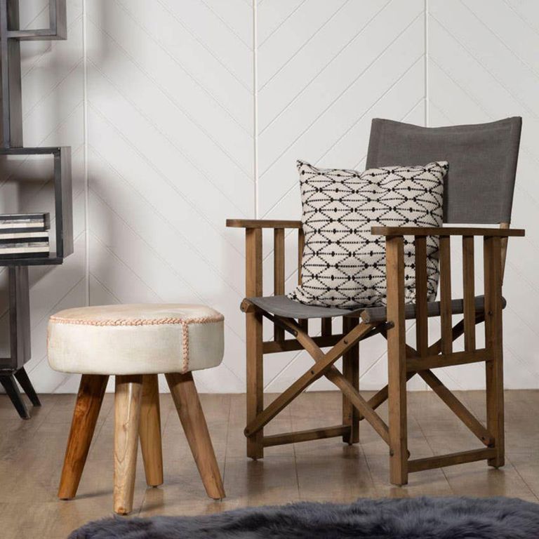 Kendari Footstool - Round - Beige Leather with Teak Wood