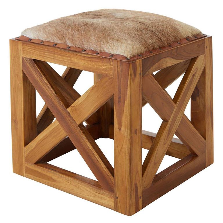 Kendari Footstool - Square - Brown Goat Leather with Teak Wood