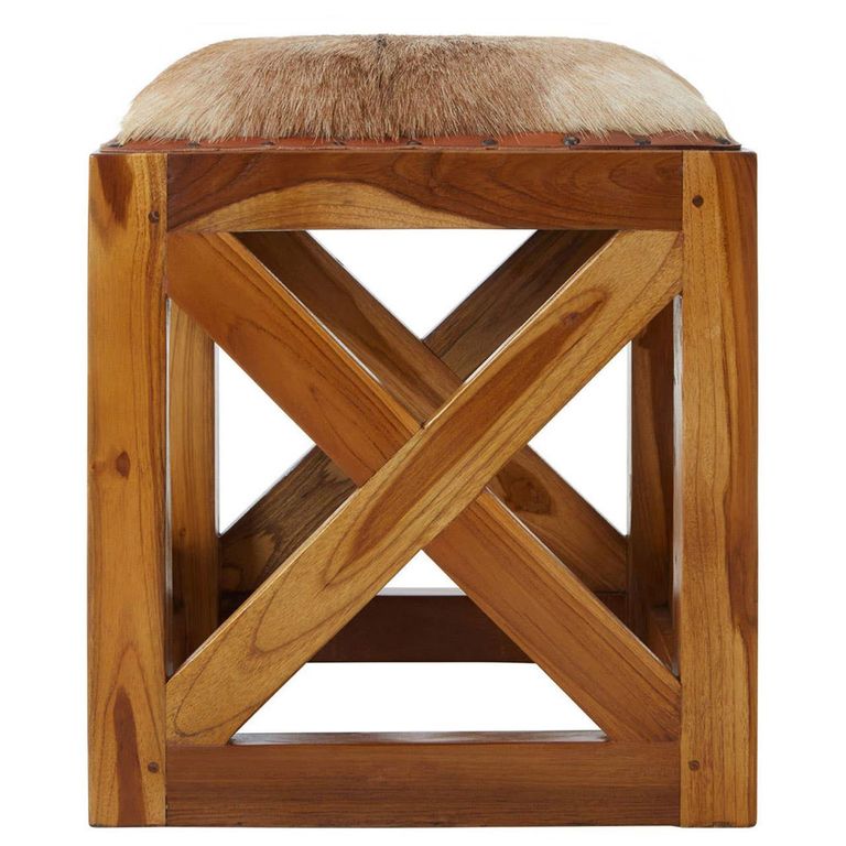 Kendari Footstool - Square - Brown Goat Leather with Teak Wood