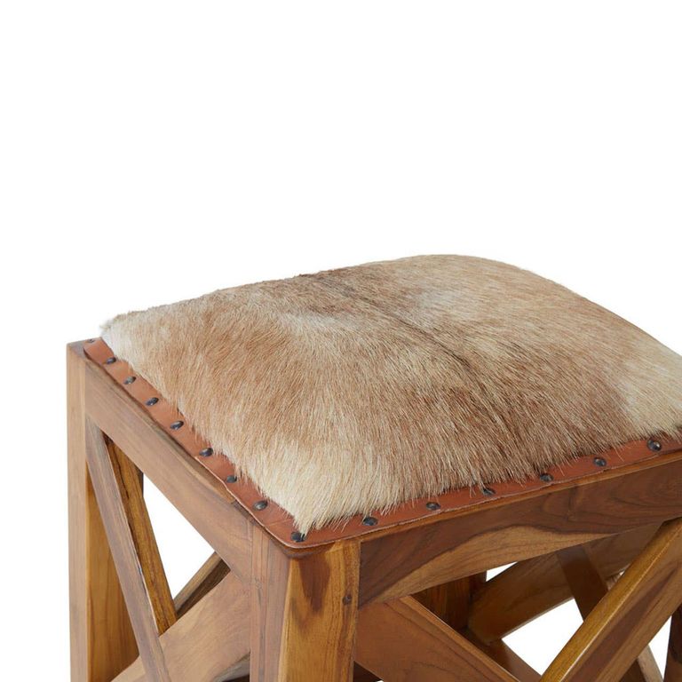 Kendari Footstool - Square - Brown Goat Leather with Teak Wood