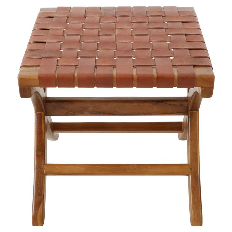 Kendari Stool - Square - Brown Leather with Teak Wood