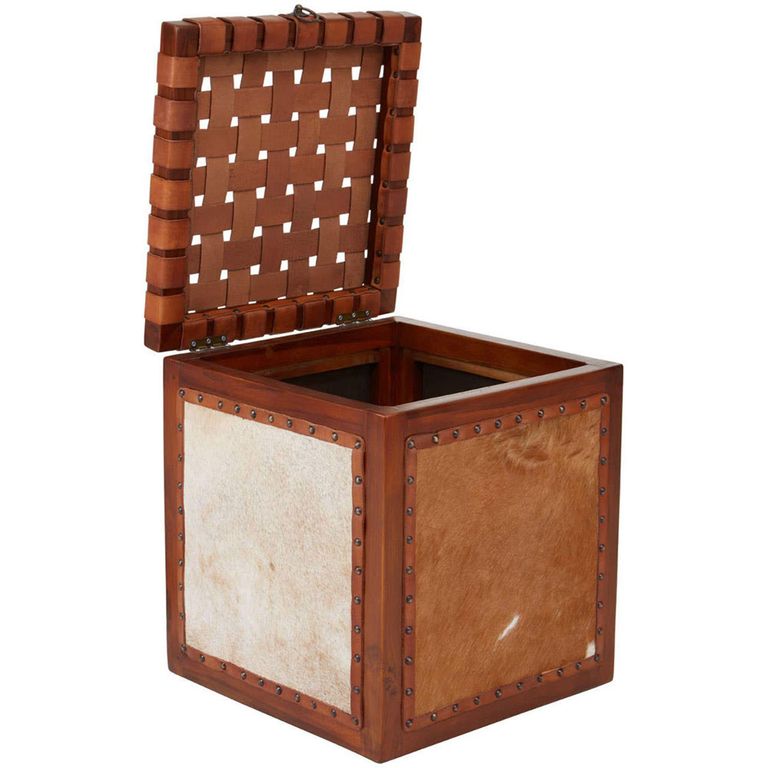 Kendari Stool - Brown Leather with Teak Wood - Storage