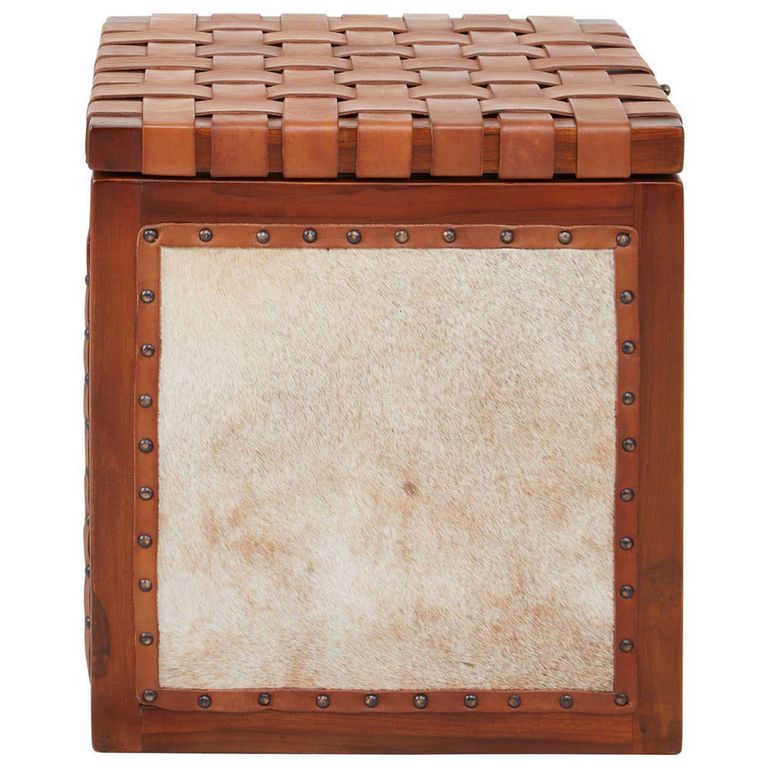 Kendari Stool - Brown Leather with Teak Wood - Storage
