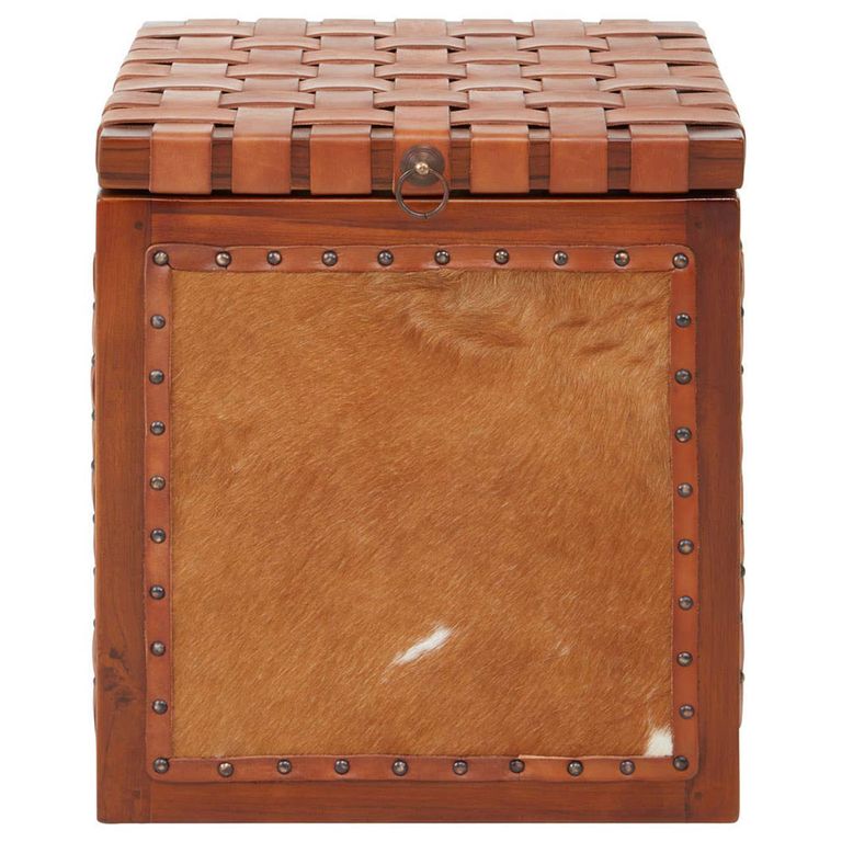 Kendari Stool - Brown Leather with Teak Wood - Storage