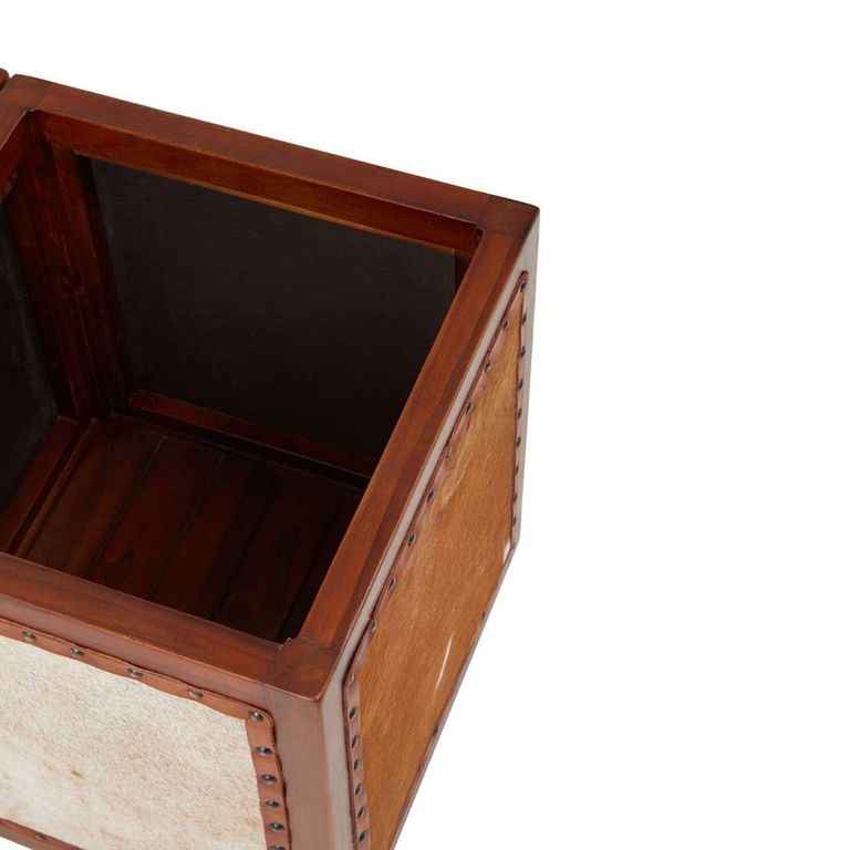 Kendari Stool - Brown Leather with Teak Wood - Storage