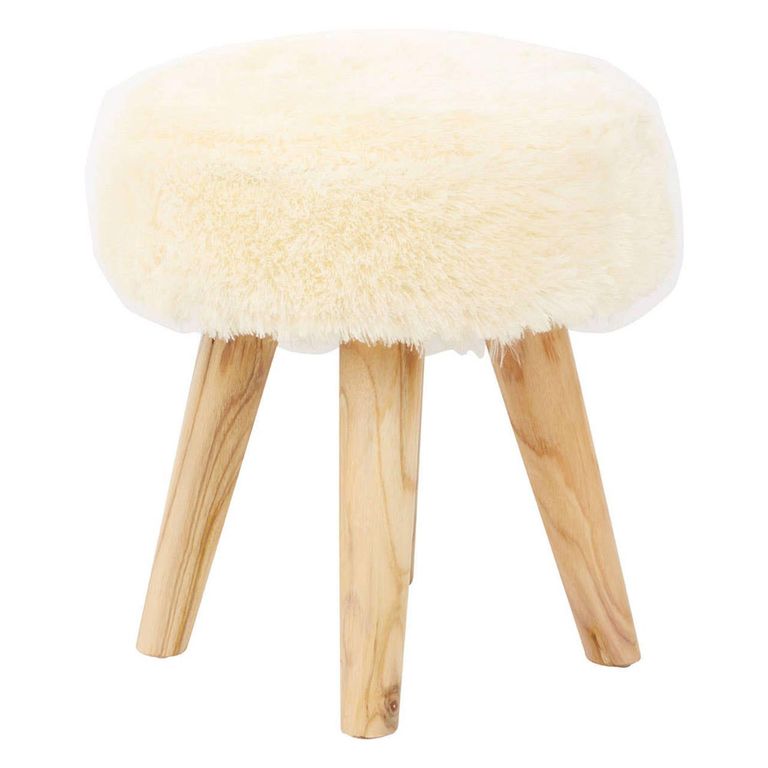 Kendari Footstool - Round - Cream Faux Fur with Teak Wood