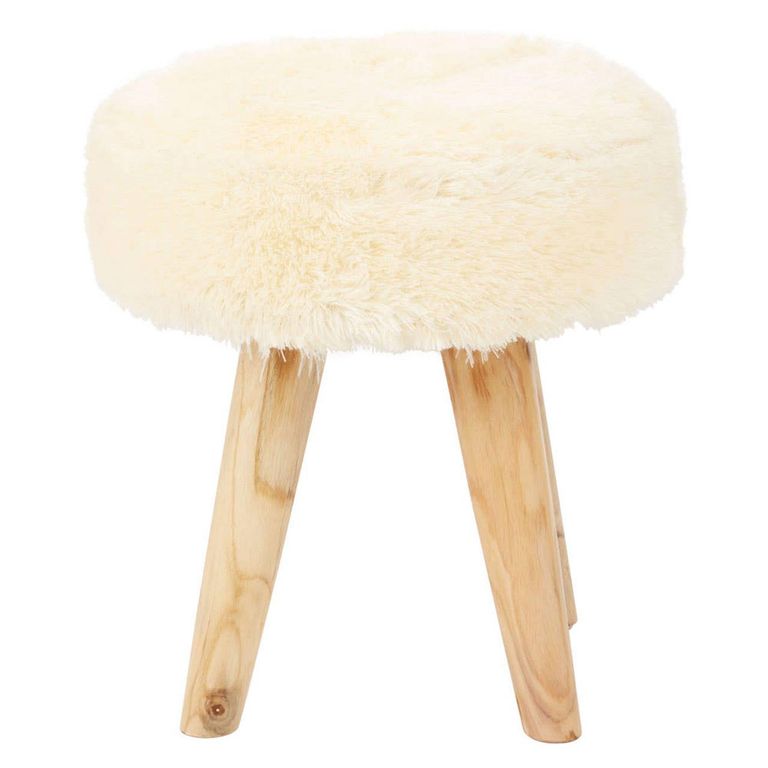 Kendari Footstool - Round - Cream Faux Fur with Teak Wood
