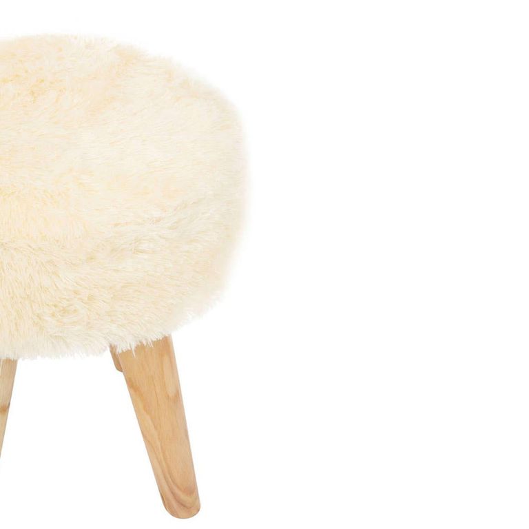 Kendari Footstool - Round - Cream Faux Fur with Teak Wood